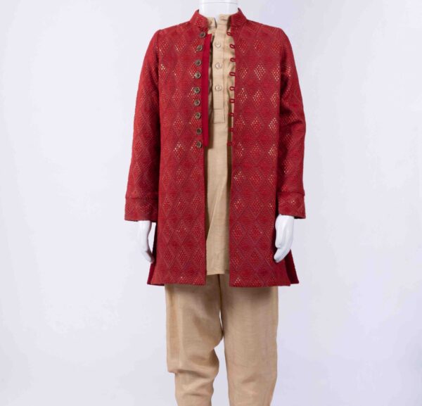 Rust jacket with cream kurta and pant