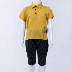 yellow sjort kurta with black striped pant