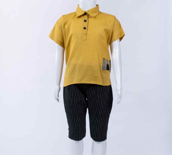 yellow sjort kurta with black striped pant