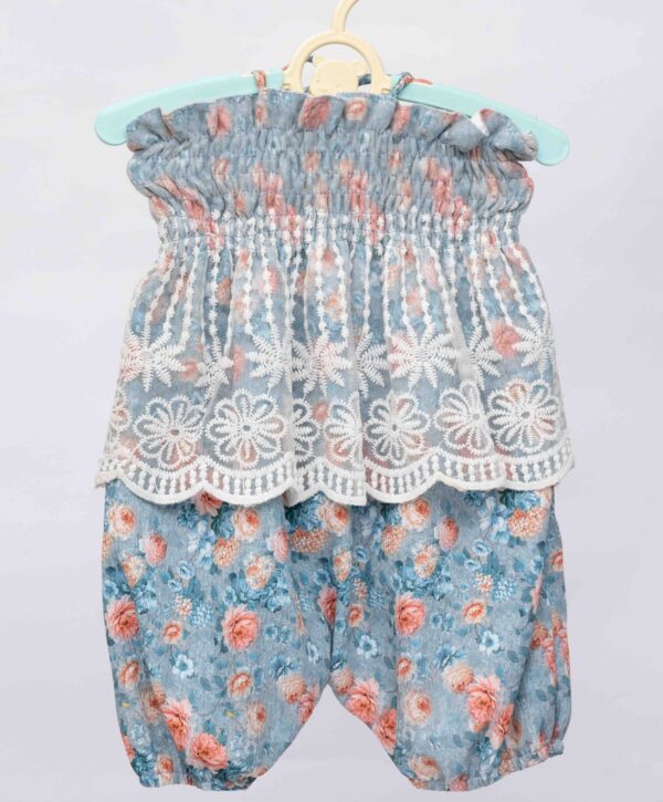 blue floral print shoulder less romper