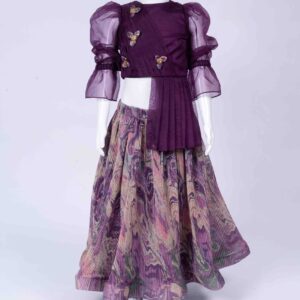 purple knife pleated skirt and draped top