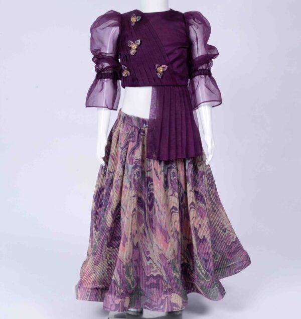 purple knife pleated skirt and draped top