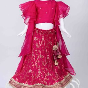 hot pink brocade draped sleeve skirt and top