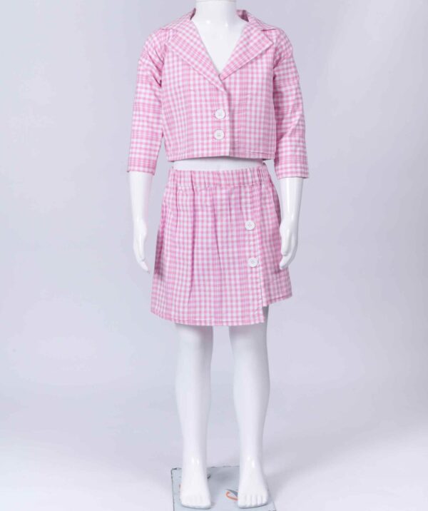 pink and white checks blazer and skirt