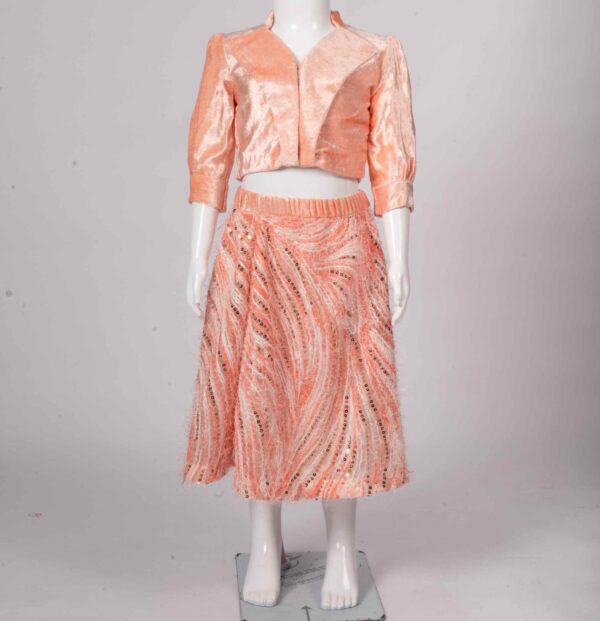 peach blazer collar top and skirt