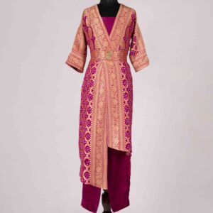 pink banarasi bandhej draped dress