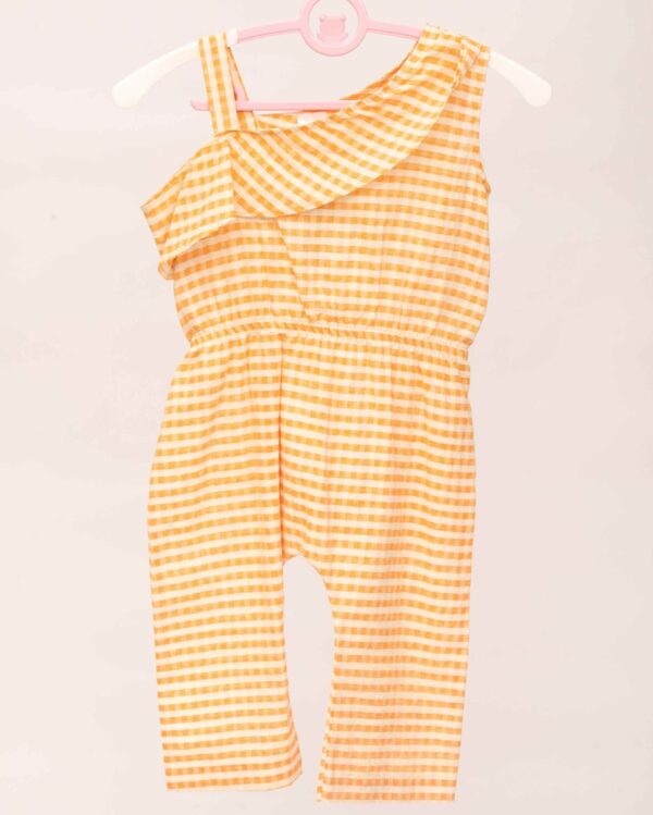 yellow checkered one shoulder jump suit