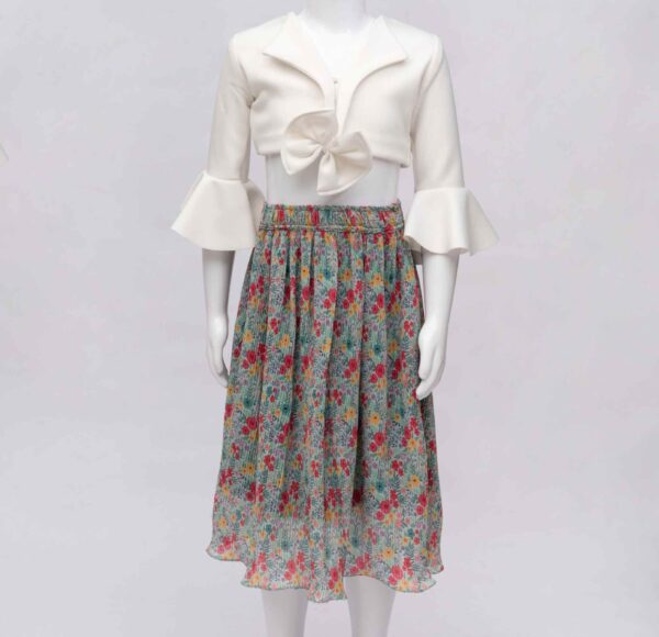 white blazer collar top with floral skirt