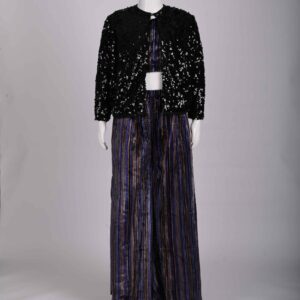 black sequence jacket with purple striped top and pant