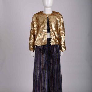 golden coin jacket with purple striped top and pant