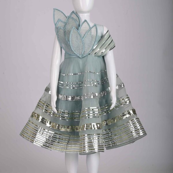 sky blue leaf and pearl embellishment frock