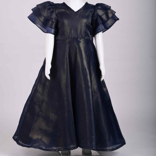 navy blue shimmery 3 layered umbrella sleeve frock