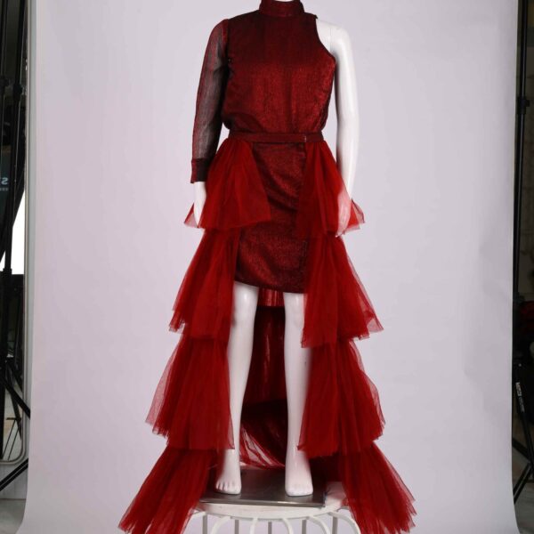 red shinny dress with net detachable drape