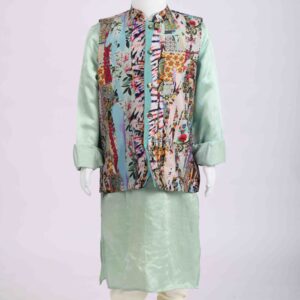 mint green kurta with printed waistcoat