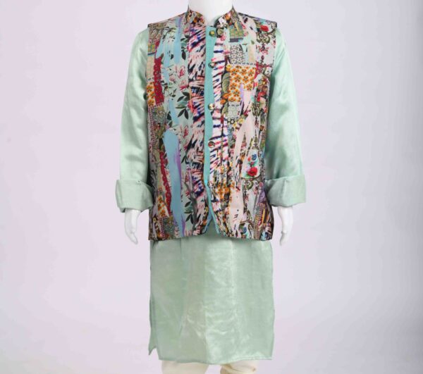 mint green kurta with printed waistcoat