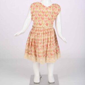 orangish duck print dress with crochet lace