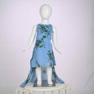 sky blue floral dress with tail drape