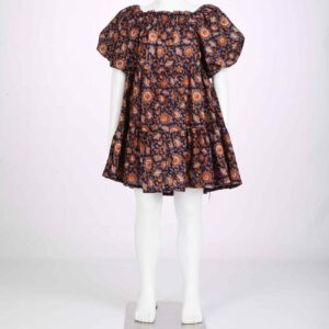 navy blue orangish print smoked dress