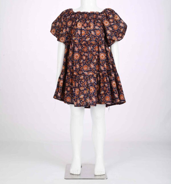 navy blue orangish print smoked dress