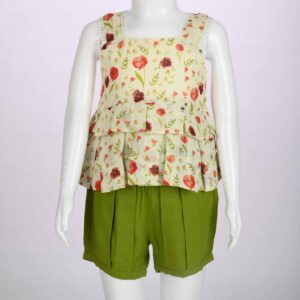 floral 2 layered top and forest green shorts