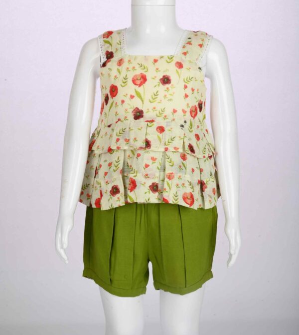 floral 2 layered top and forest green shorts