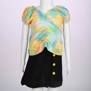 tie dye smoked top and black skirt