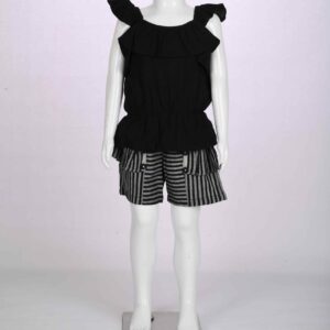 black sleeveless top and grey striped shorts