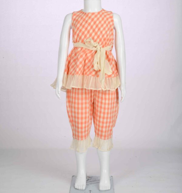 organic peach checks overlay tie up top and pant